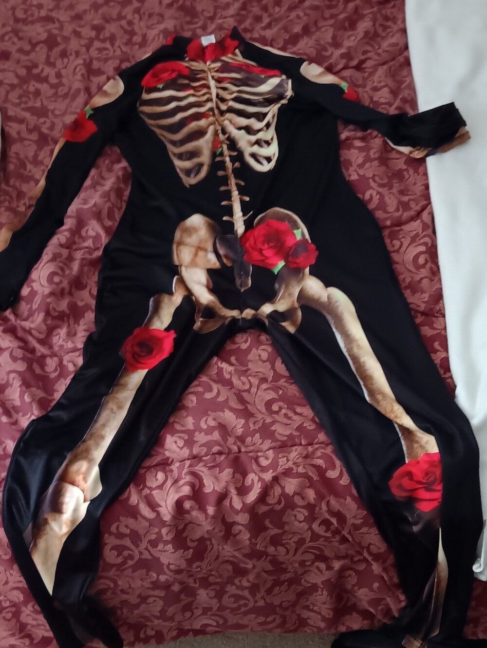 Black Skeleton Jumpsuit with Red Rose Print